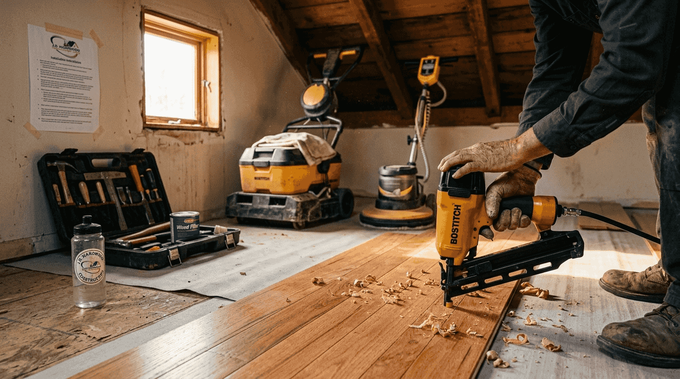 Installer using flooring nailer and tools in attic room