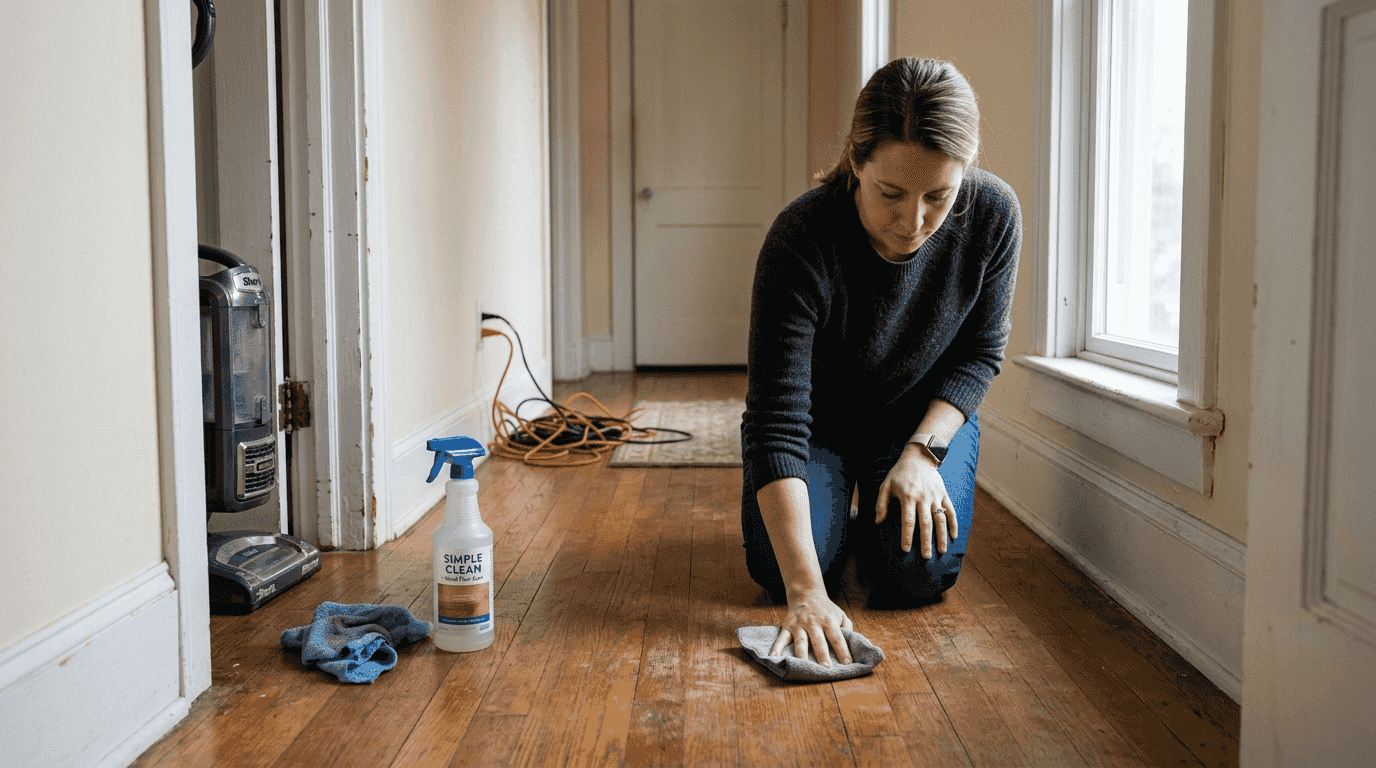 Denver resident cleaning hardwood hallway floor
