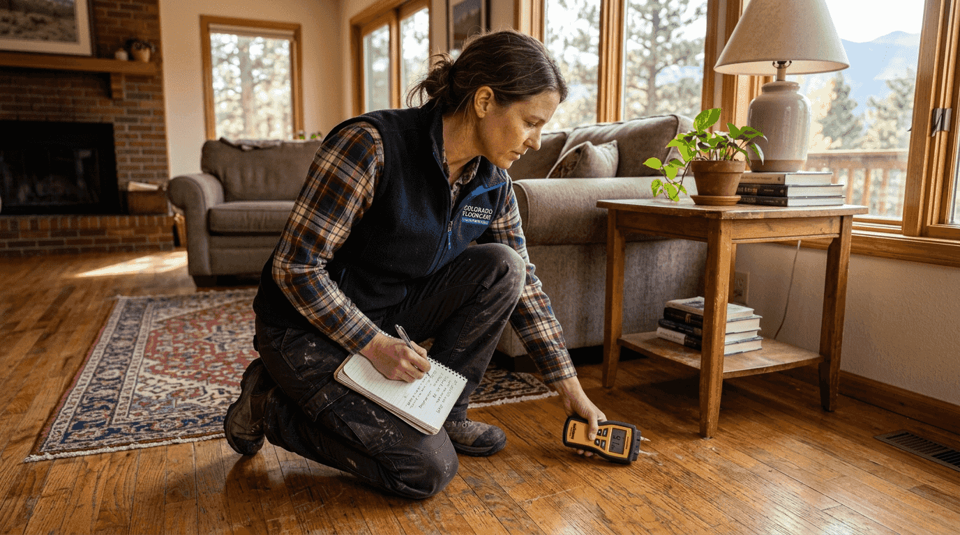 Specialist assessing hardwood floor condition