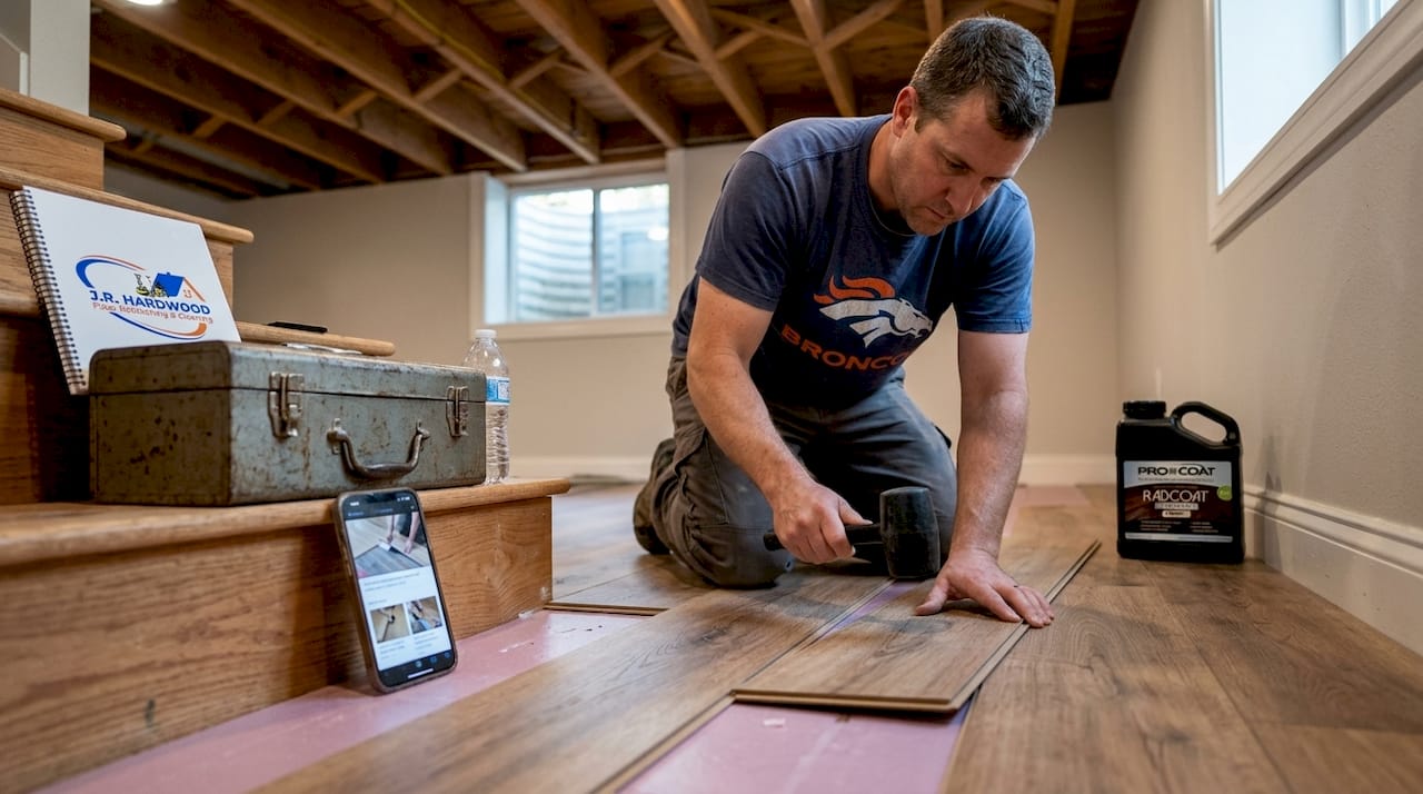 Homeowner installing laminate flooring in Denver basement