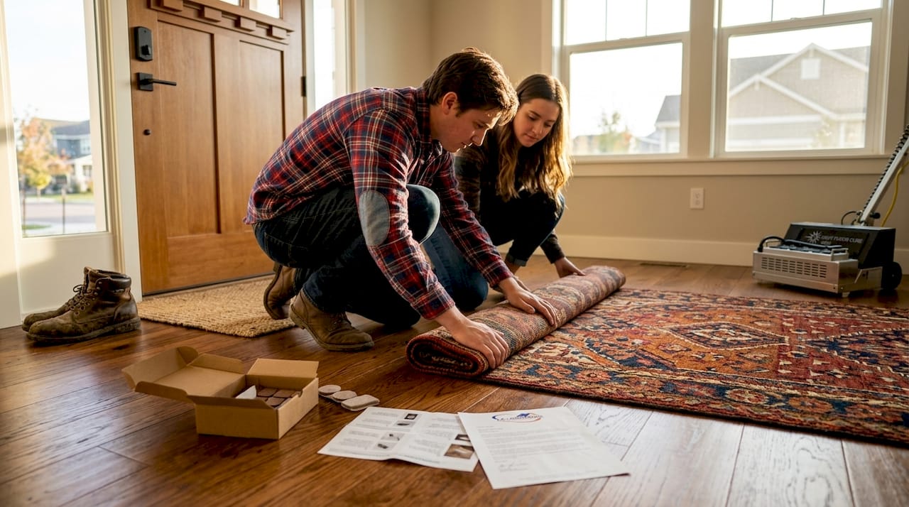 Couple placing rug to protect hardwood floor