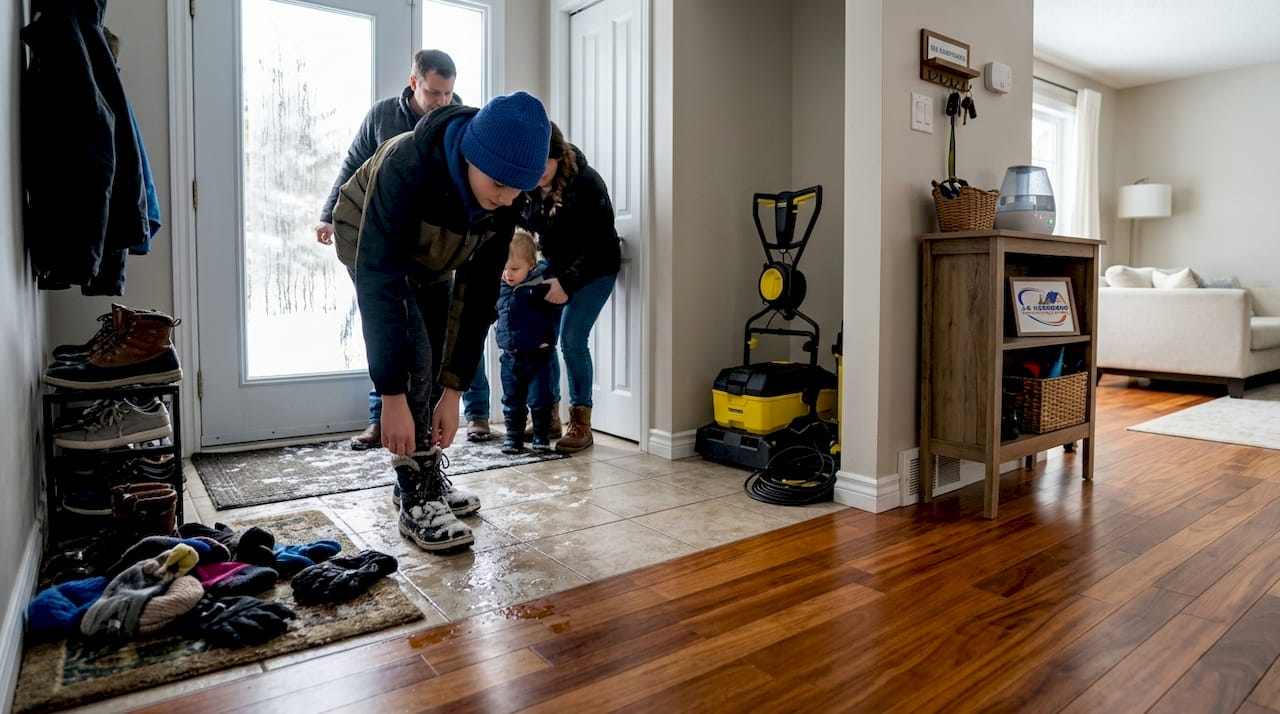 Family removes snowy boots at tile entryway