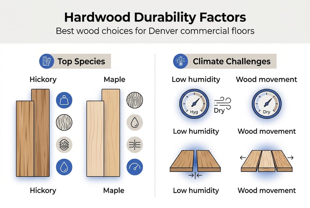 Infographic on hardwood types and Denver climate