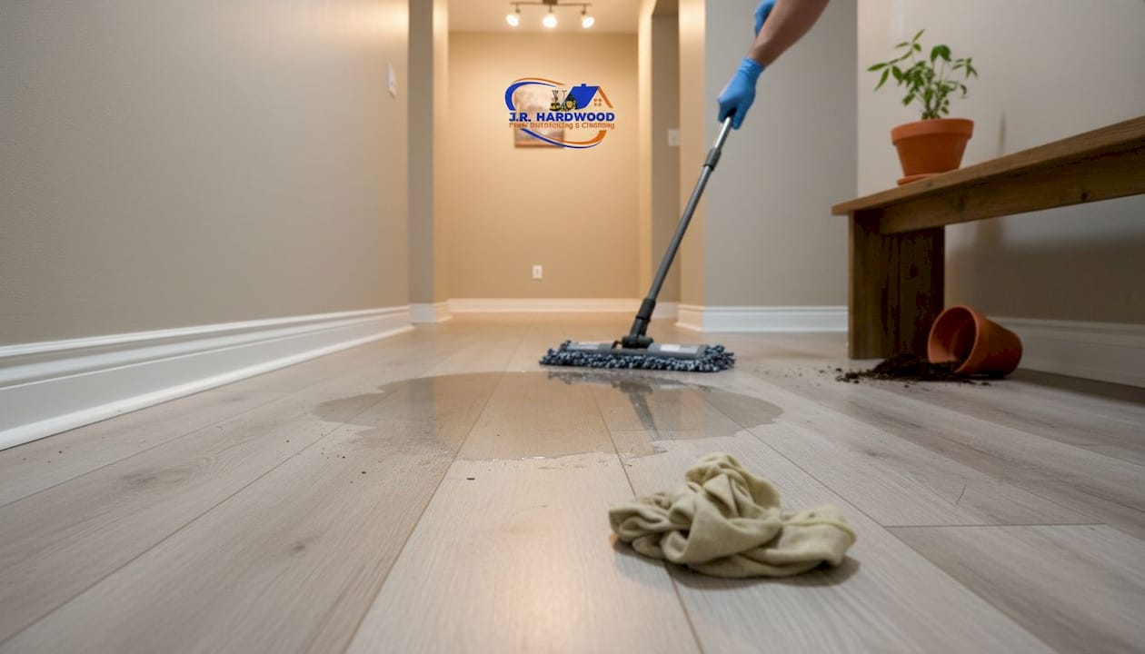 Wet laminate floor with water near seams