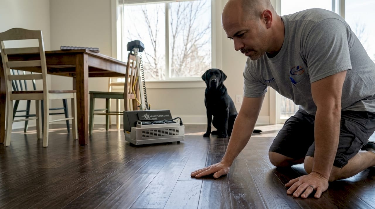 Man inspecting UV-cured hardwood floor