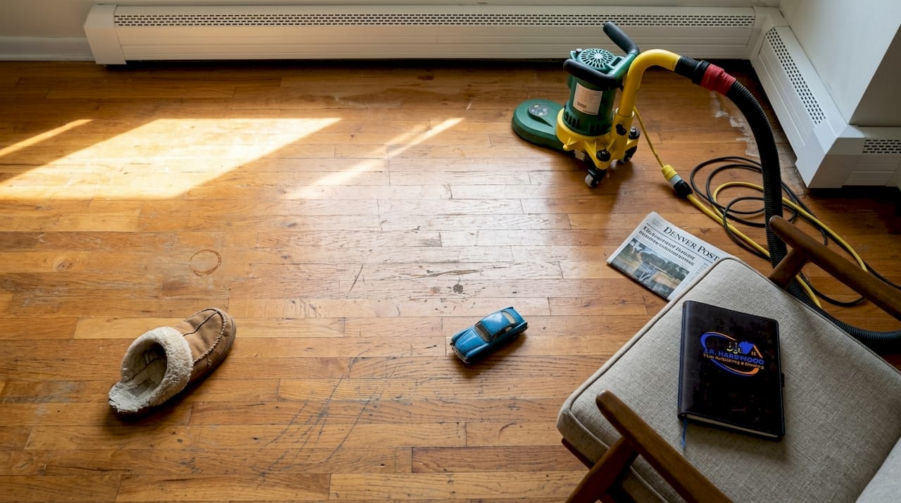 Detailed closeup of scratched hardwood boards