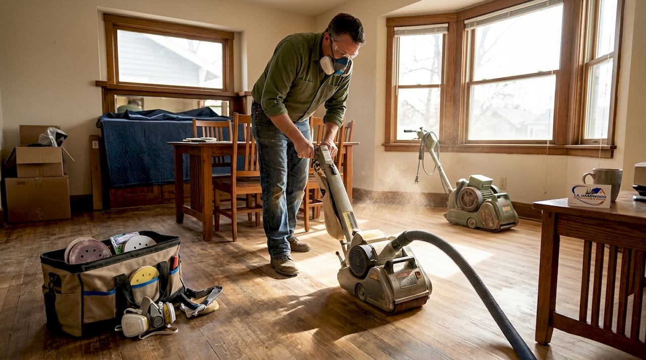 Contractor using dustless sander on wood floor