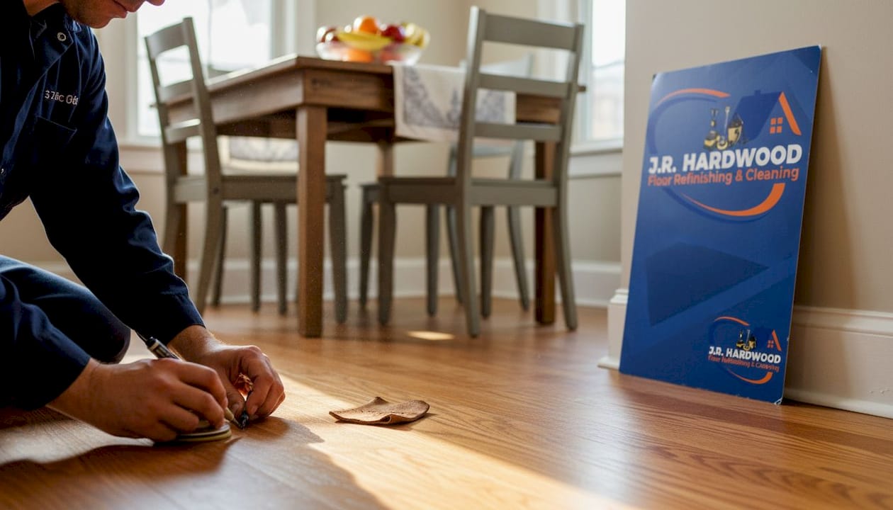 Hands repairing hardwood floor scratch with tools