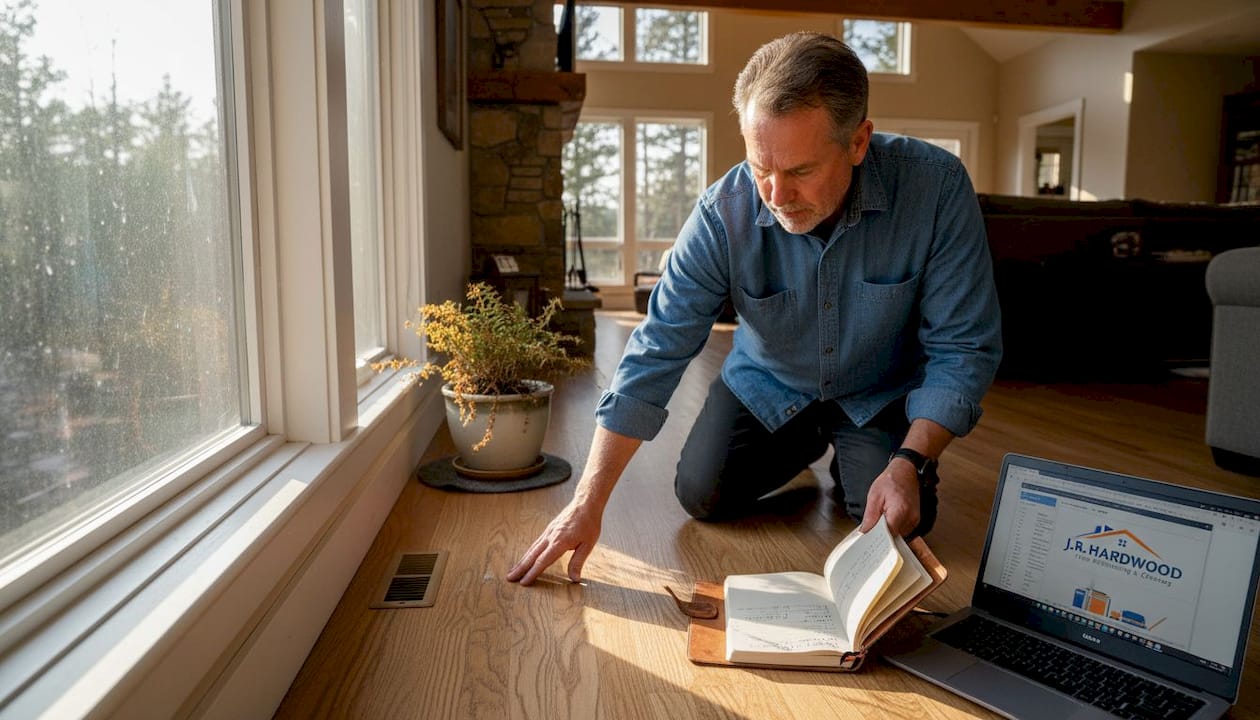 Inspecting sun-faded hardwood by window