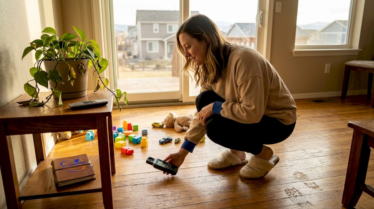 Homeowner checking humidity by hardwood floor
