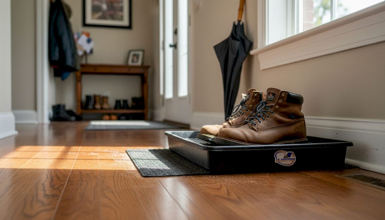 Boot tray and scrub mat inside entryway
