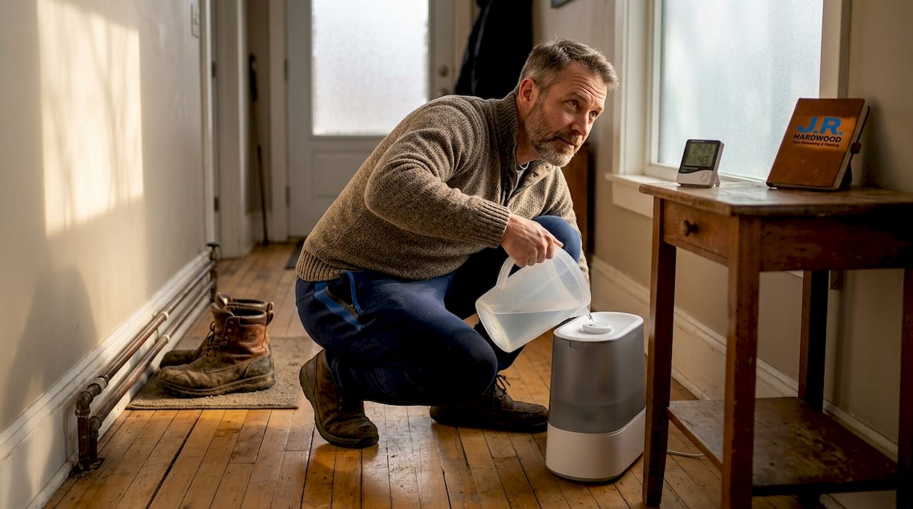Man checks hygrometer and humidifier in hallway