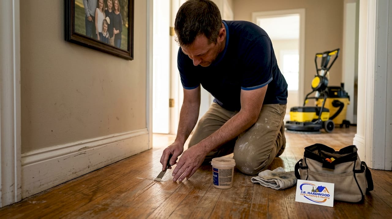 Man repairing scratches on hardwood floor