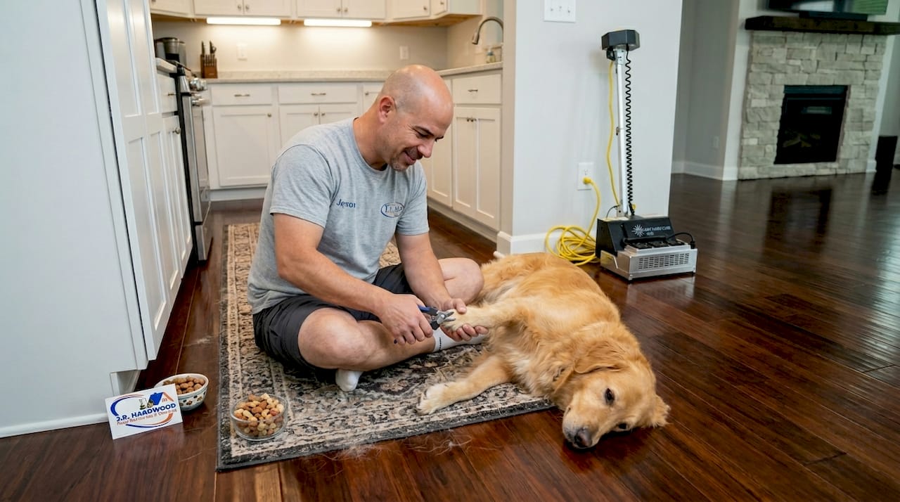 Owner trims dog's nails on laminate floor