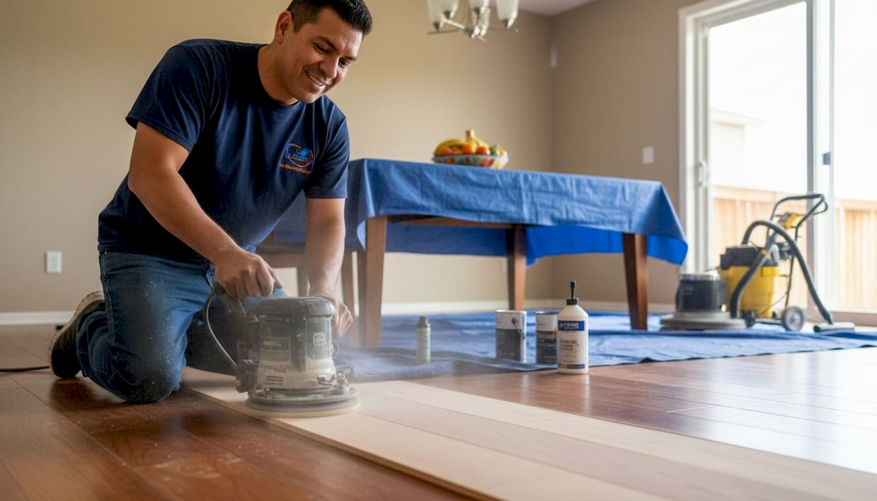 Worker refinishing hardwood floor in dining room