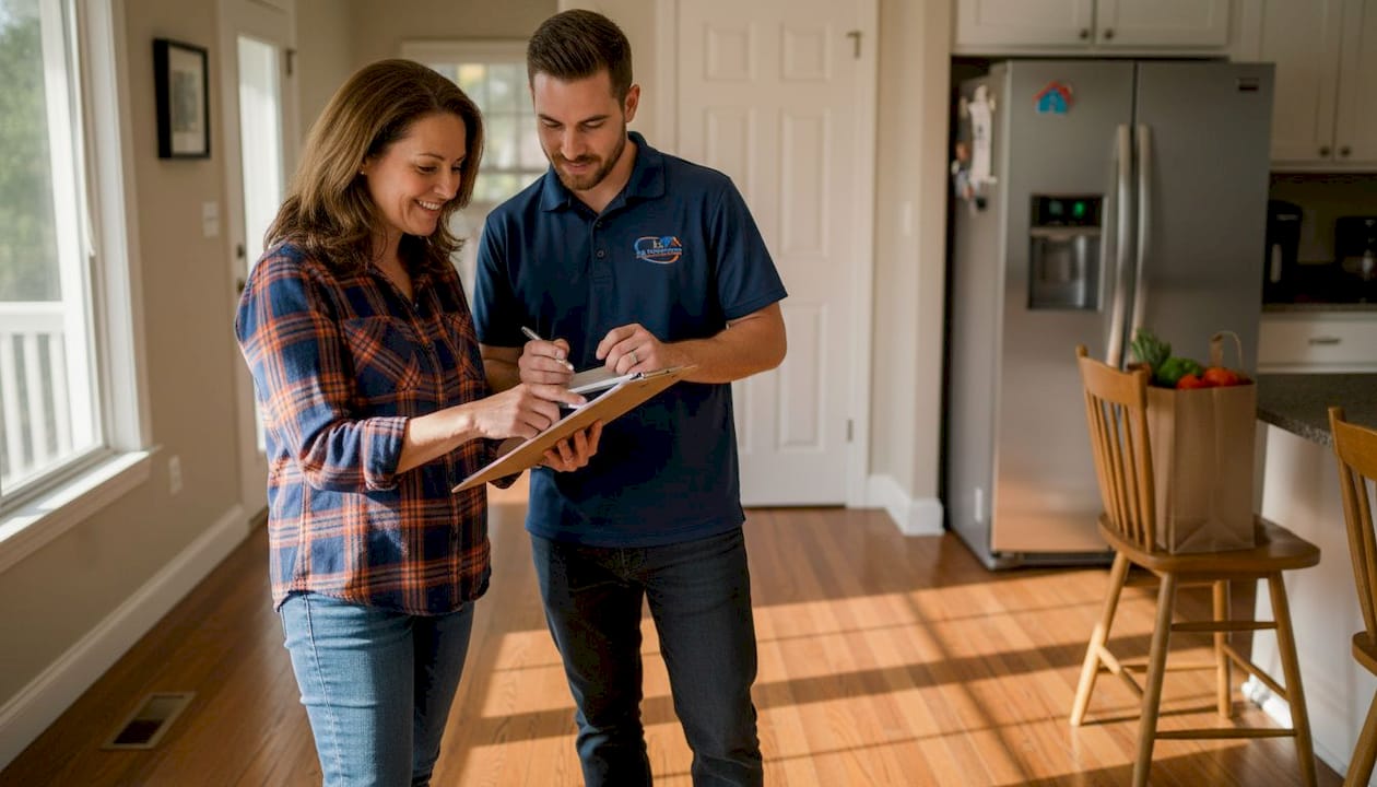 Homeowner and specialist reviewing maintenance checklist