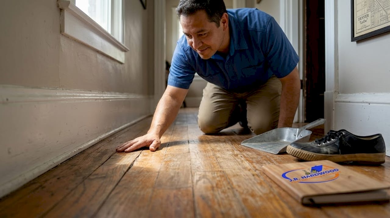 Closeup worn warped hardwood showing buildup