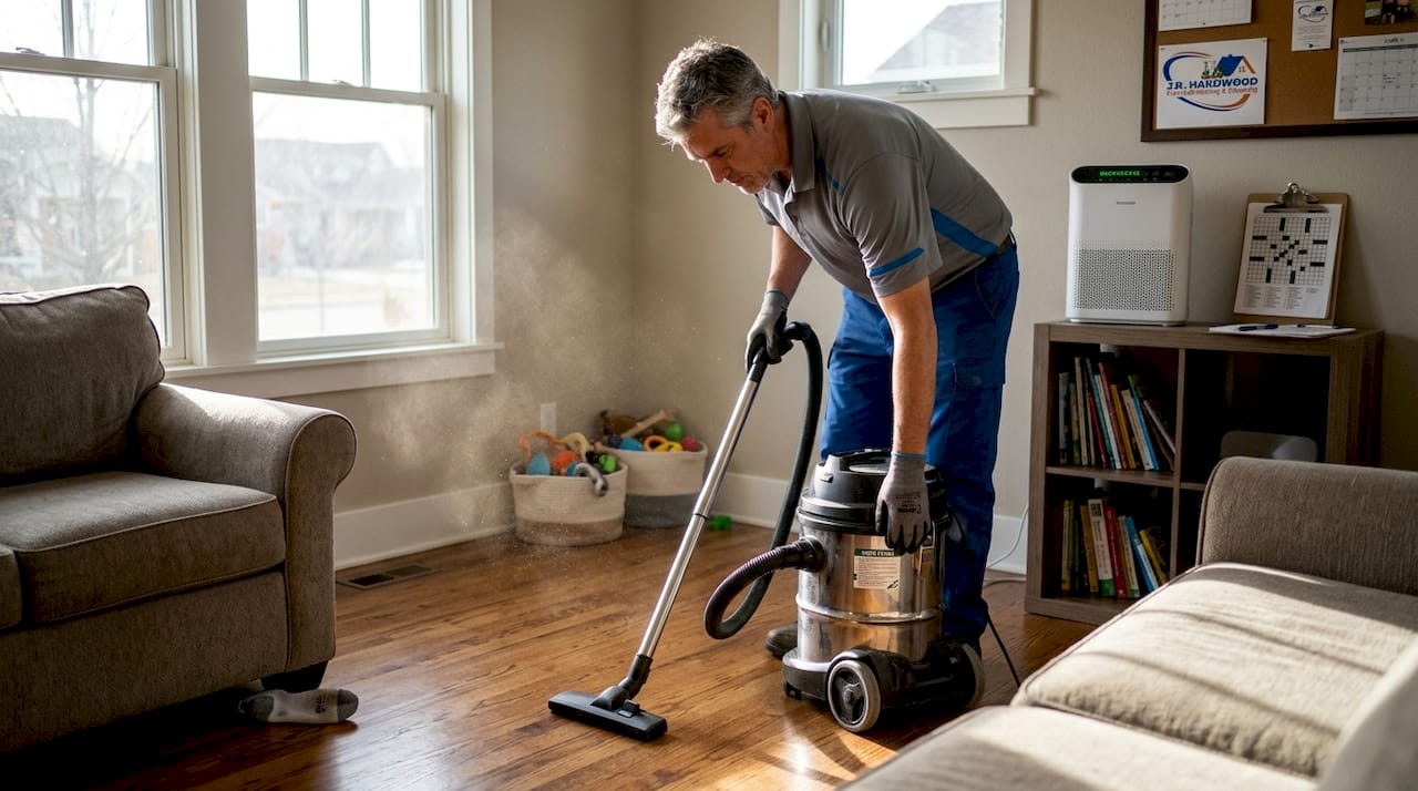 Cleaner vacuuming living room for better air