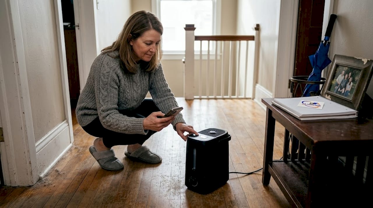 Homeowner inspecting humidifier for wood floor care