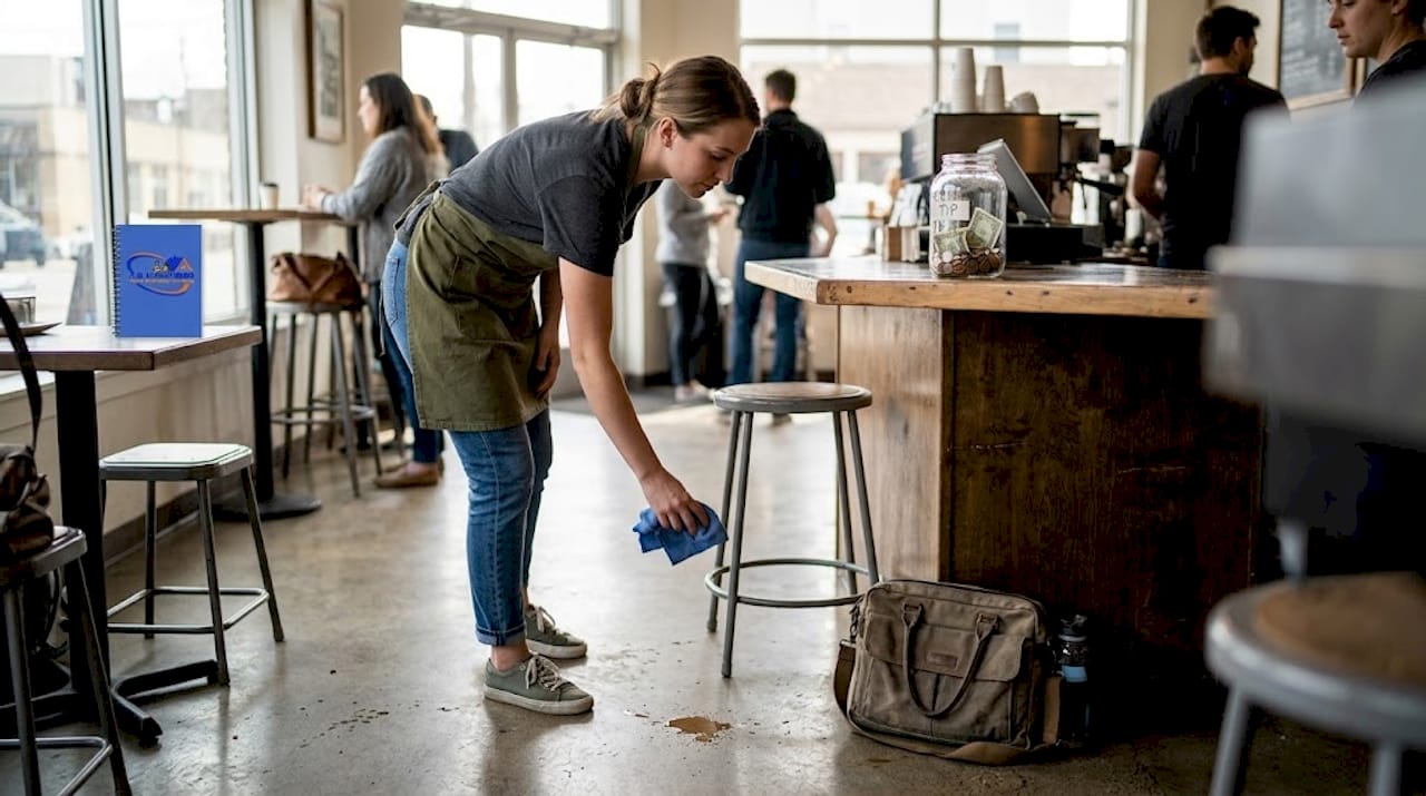 Barista cleaning café’s polished concrete floor