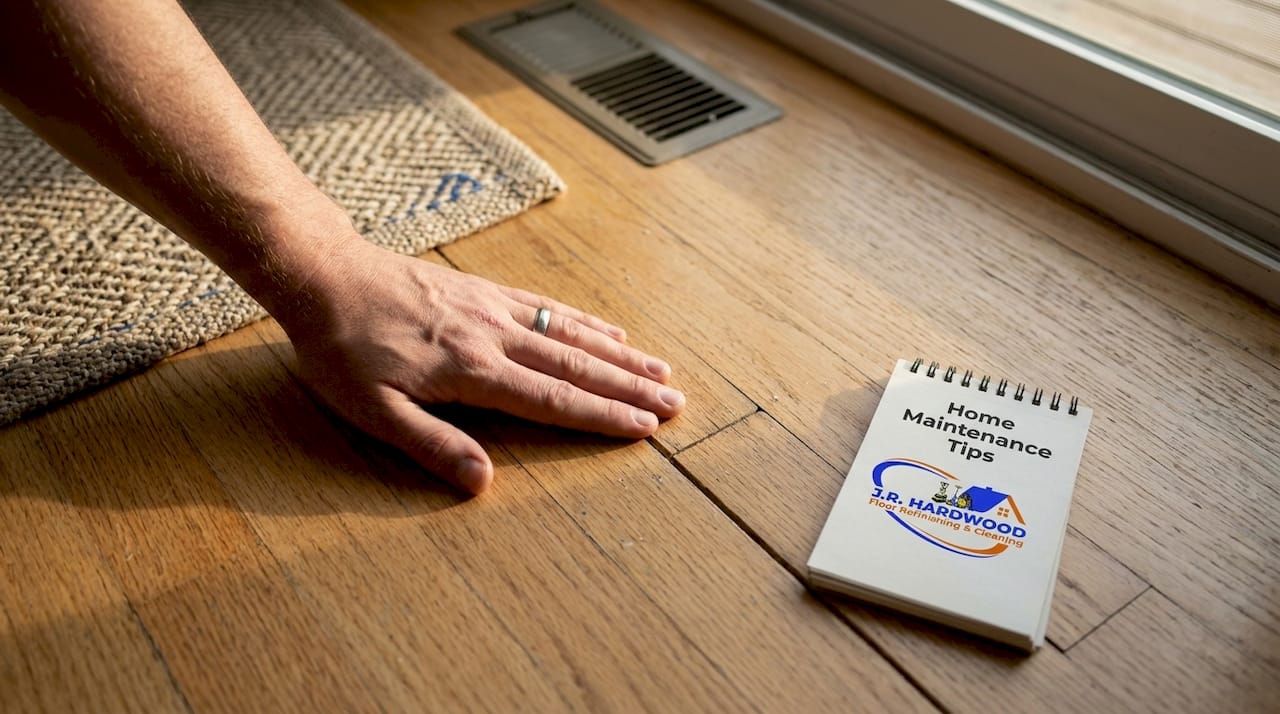 Close-up hand on prefinished hardwood plank