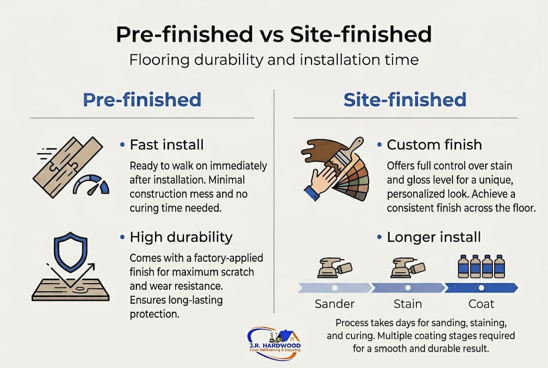 Infographic contrasting pre-finished and site-finished flooring