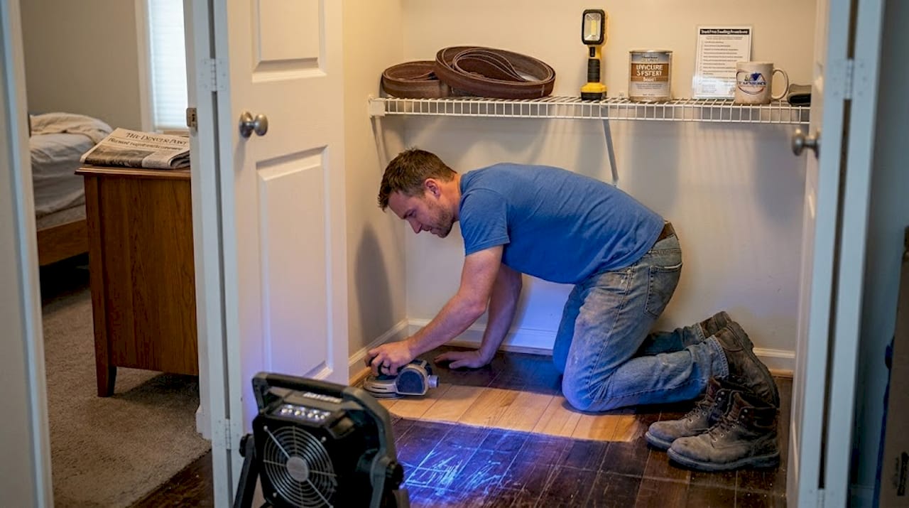 Person tests sander in hardwood closet corner