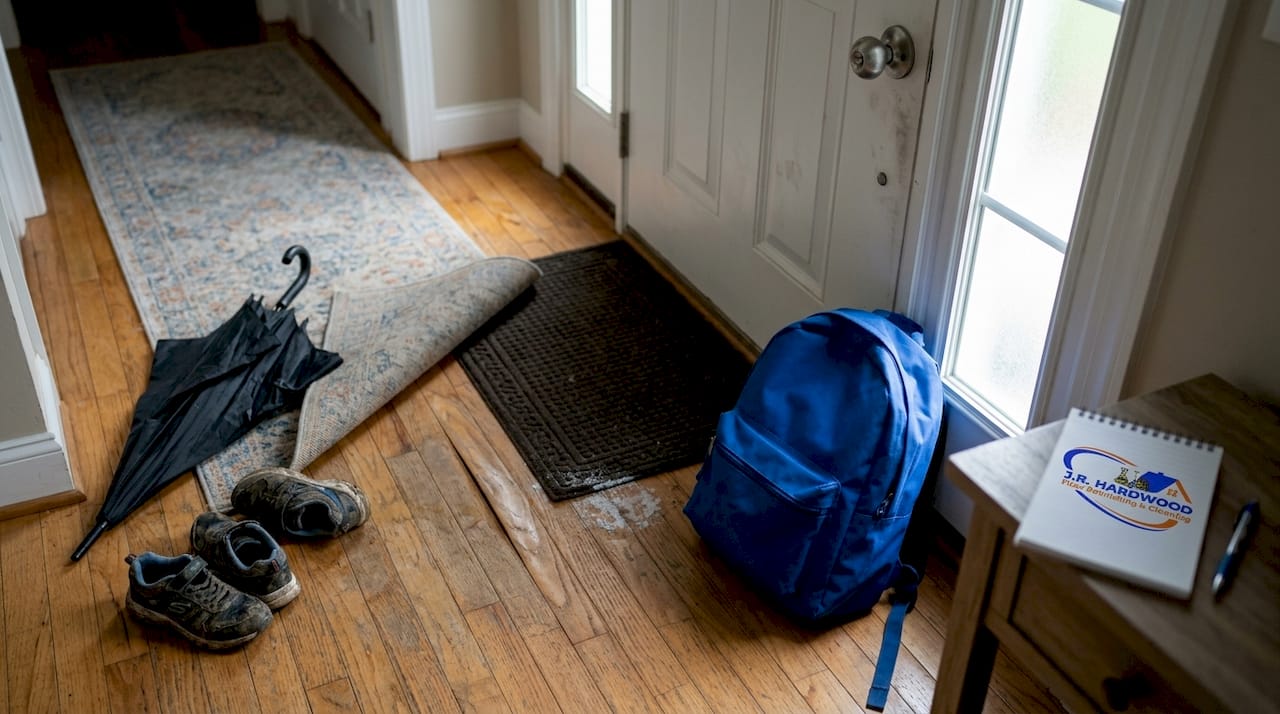 Water-damaged hardwood near home entry