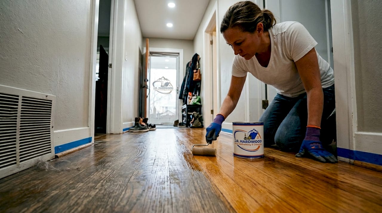 Homeowner applying finish to hardwood floor