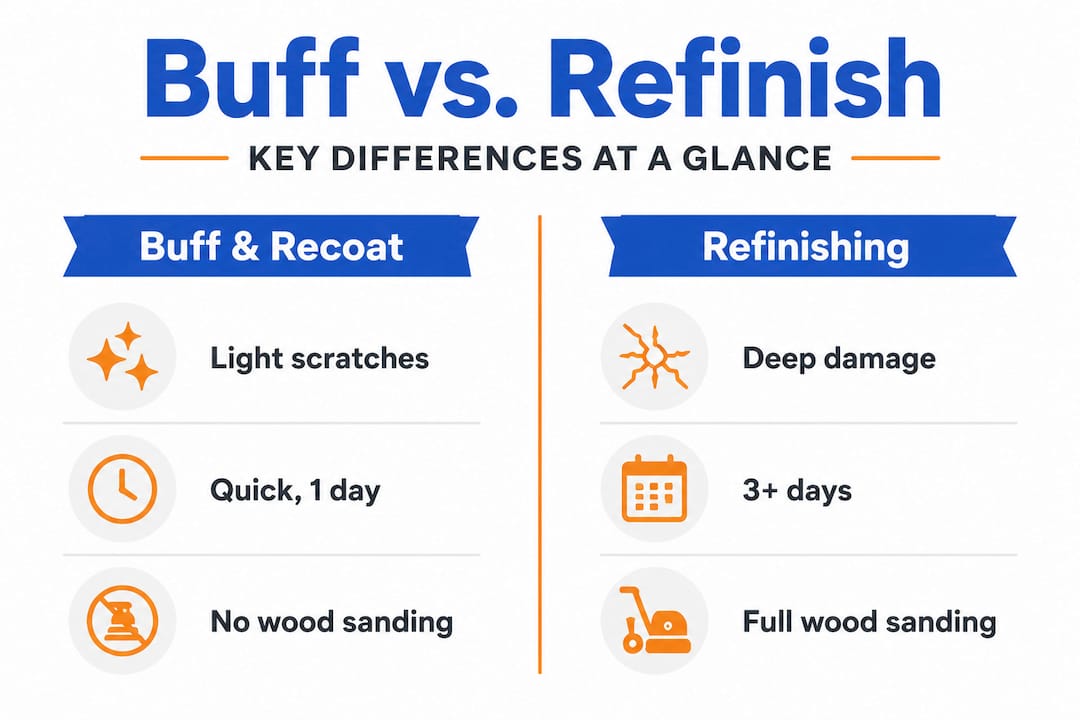 Infographic comparing buff and recoat vs refinishing