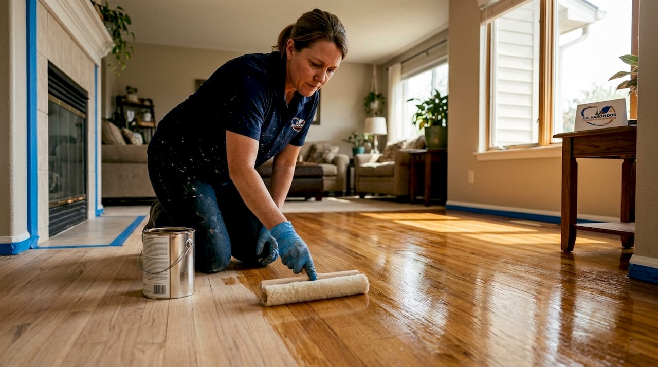 Contractor applies oil finish to hardwood floor