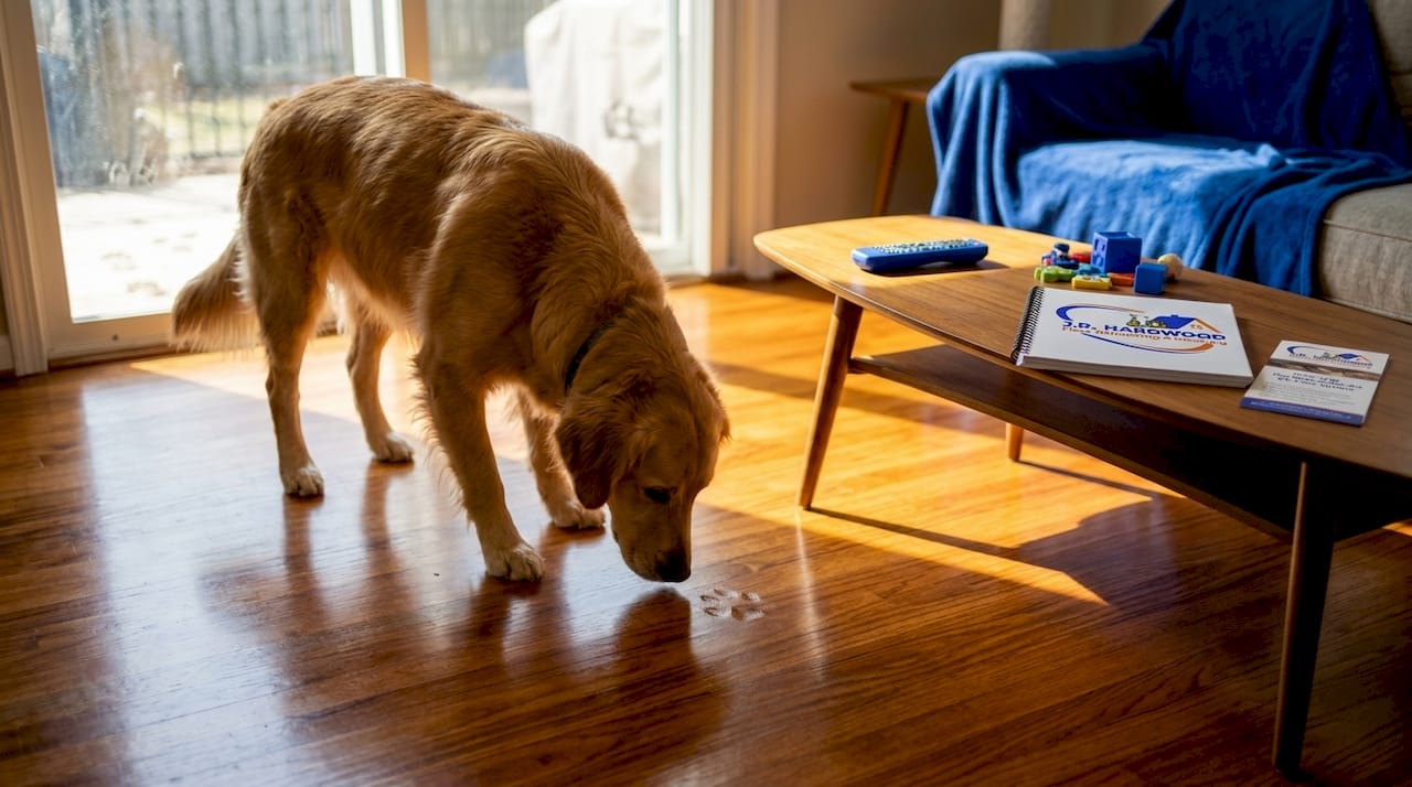 Dog on shiny UV-finished living room floor
