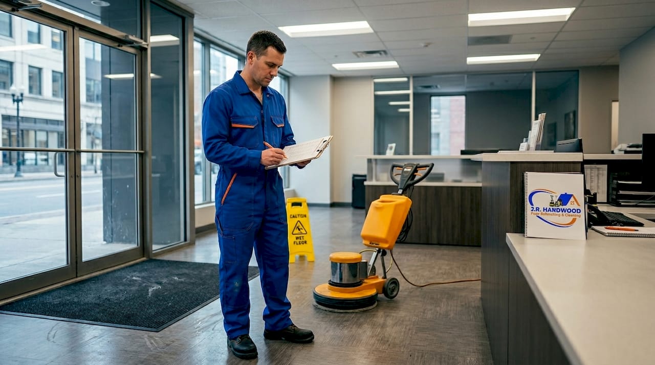 Janitorial worker checks commercial office floor