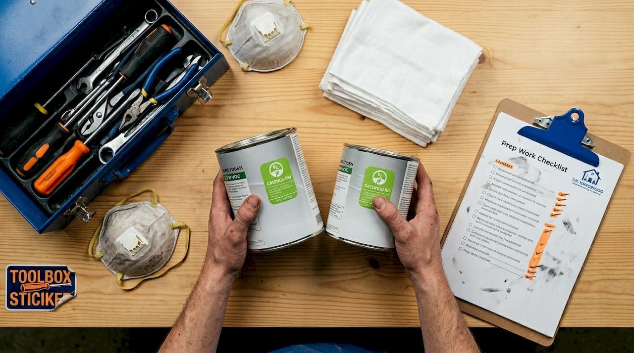 Eco-friendly floor finish supplies on workbench