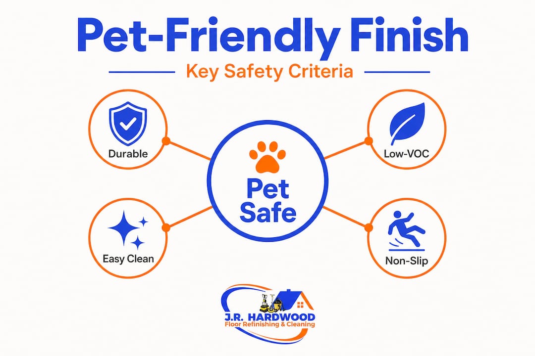 Infographic showing pet-safe floor finish criteria
