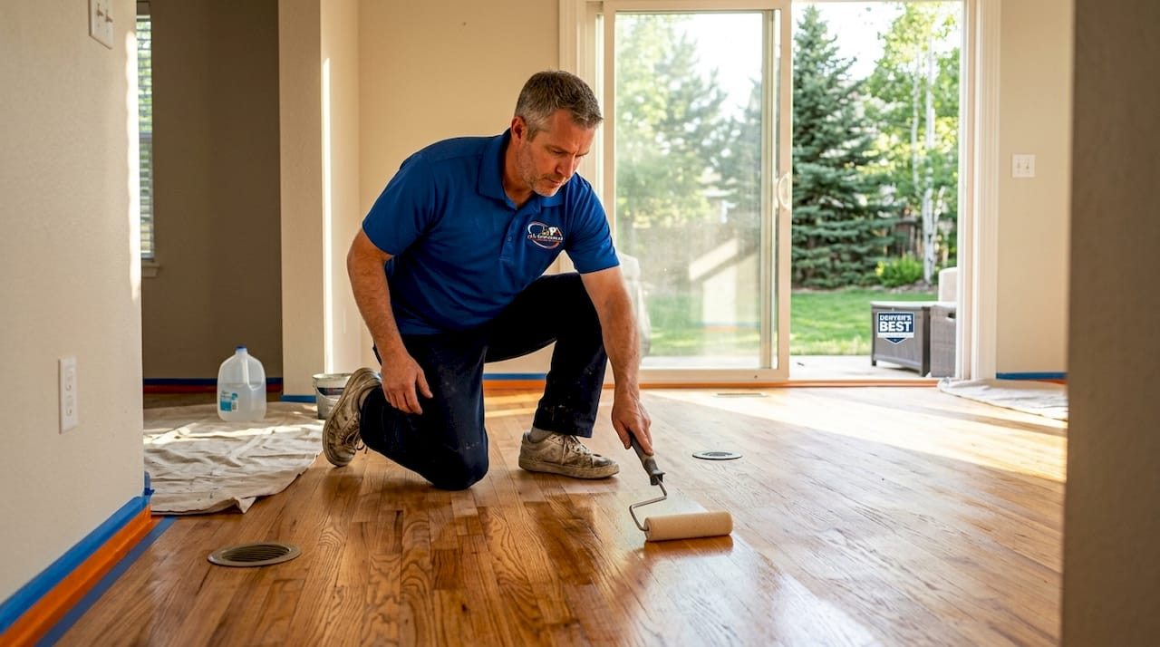 Professional refinishing hardwood floor in bright dining room