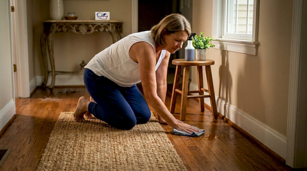 Careful cleaning moisture on hardwood floor