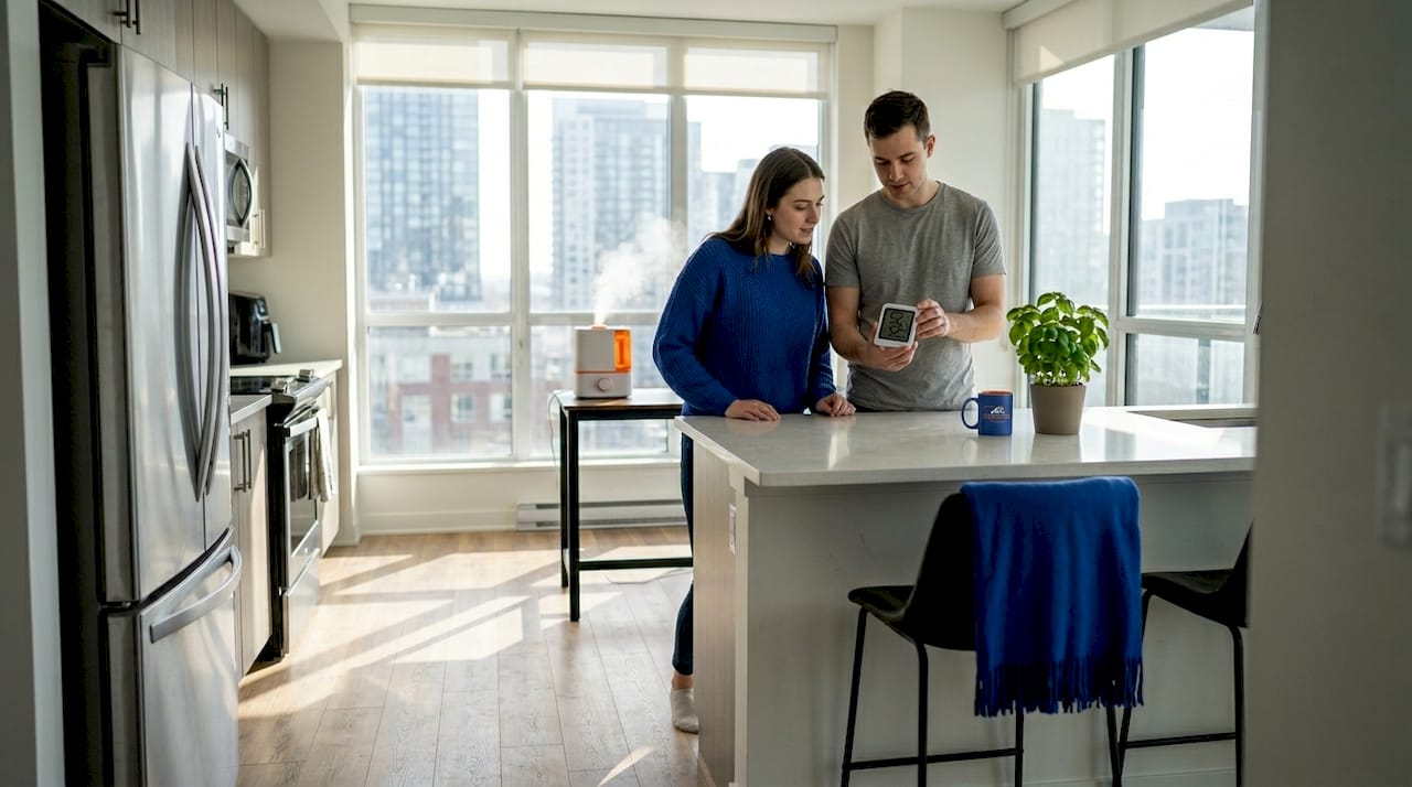 Couple checking humidity on laminate floor