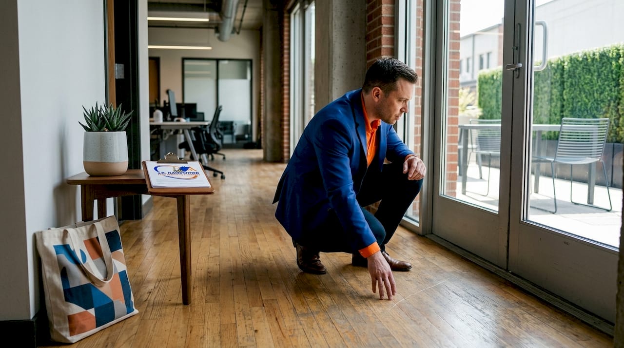 Manager inspecting office hardwood floor for damage