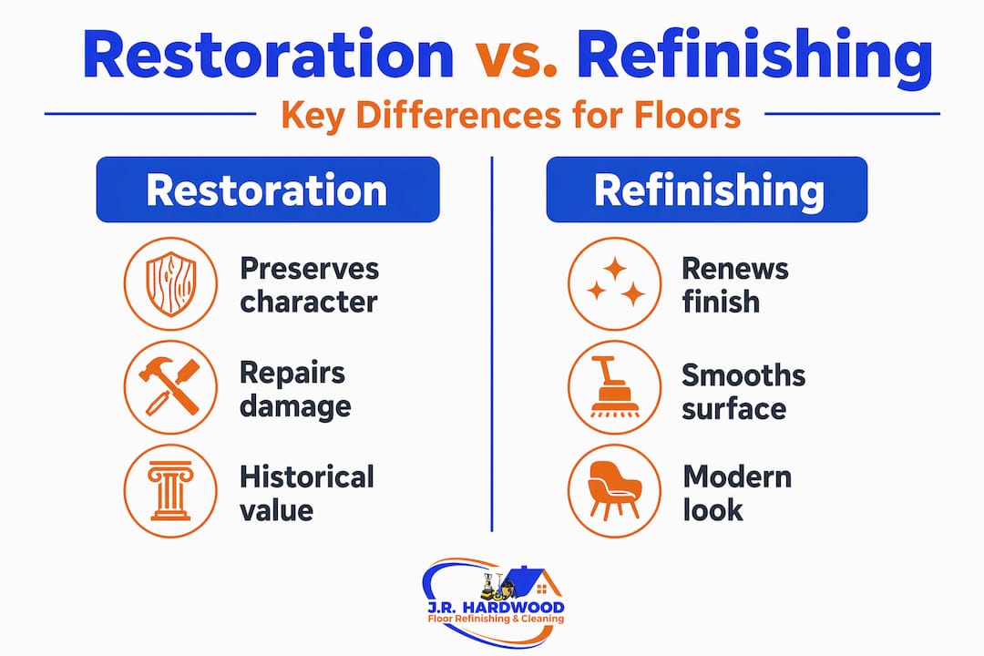 Infographic comparing restoration and refinishing for floors