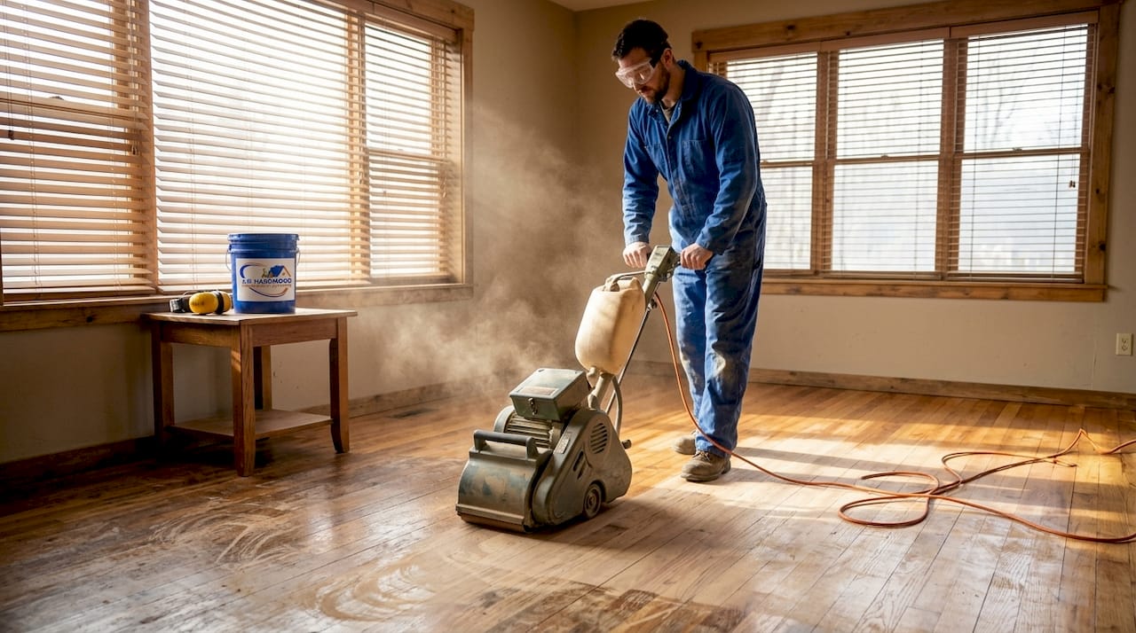 Contractor sanding hardwood floor in living room