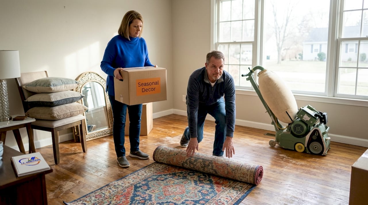 Couple preparing home for floor refinishing disruption