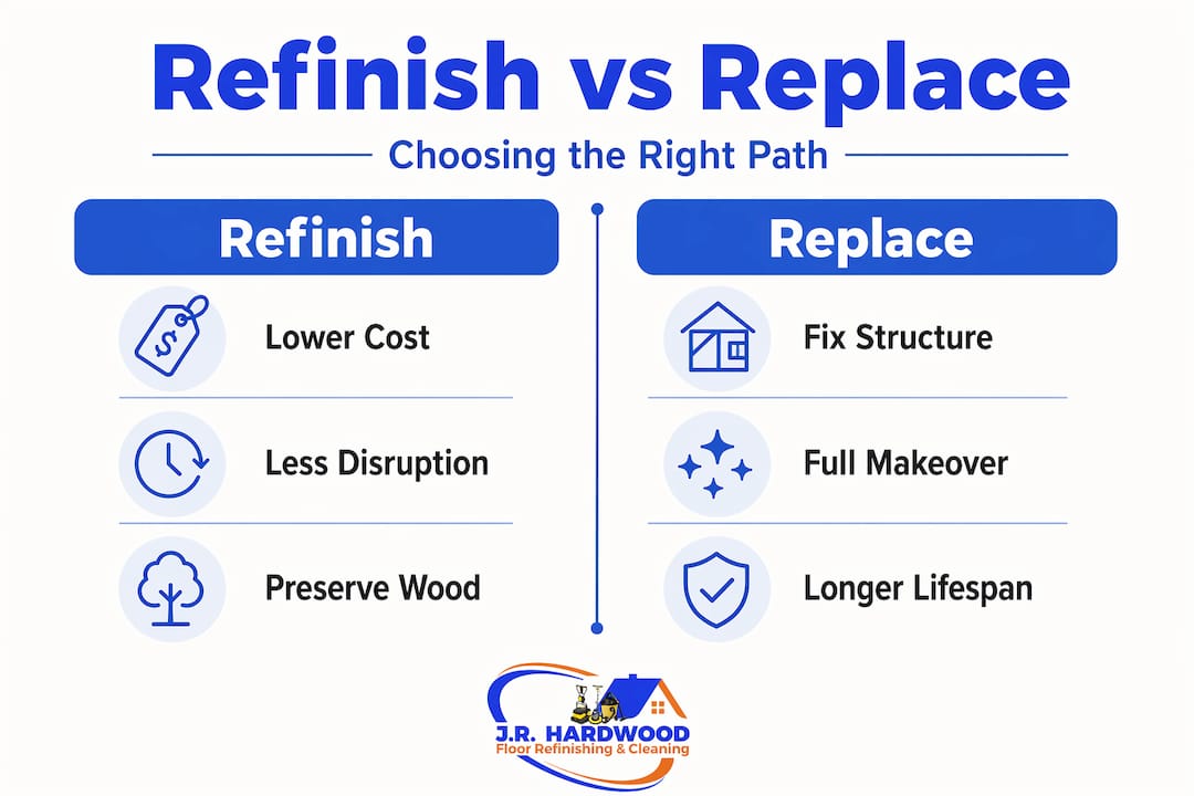 Infographic comparing refinishing versus replacing floors