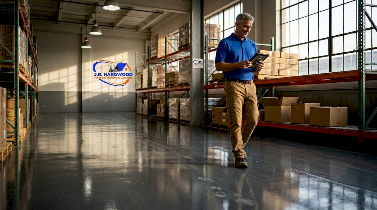 Supervisor walks across epoxy warehouse floor