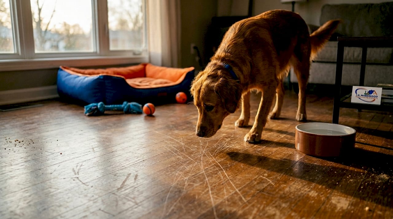 Dog walking on scratched hardwood floor