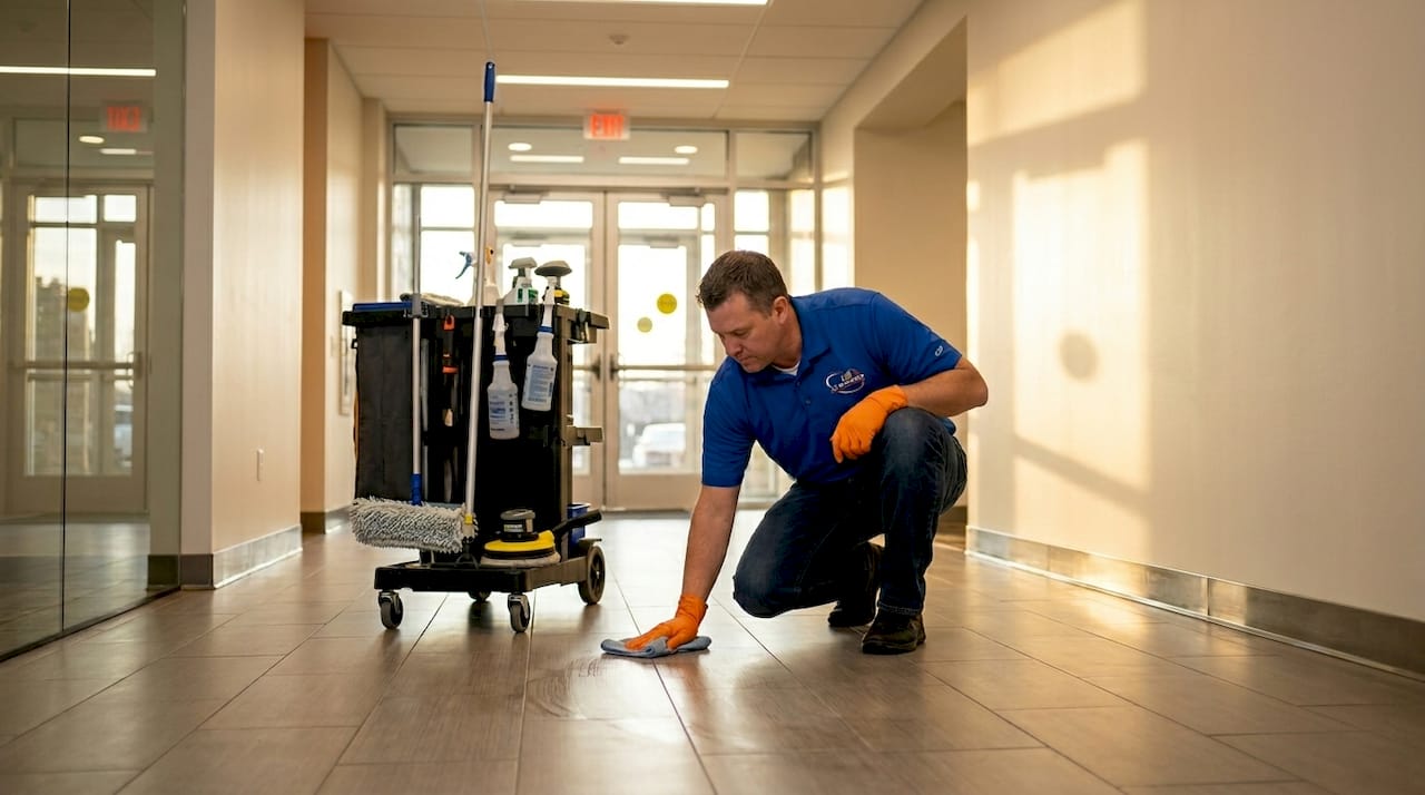 Worker cleaning apartment building hallway floor