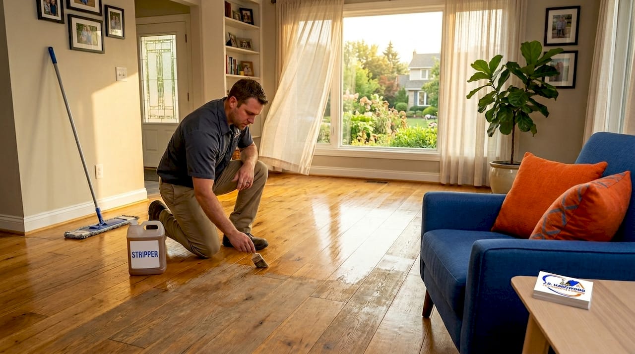 Applying stripper on hardwood floor