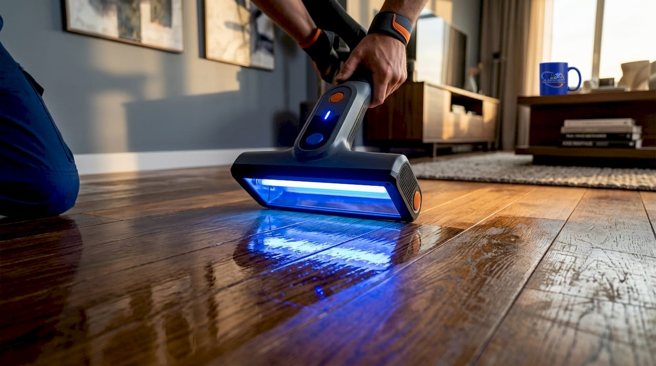 UV lamp curing floor finish close-up