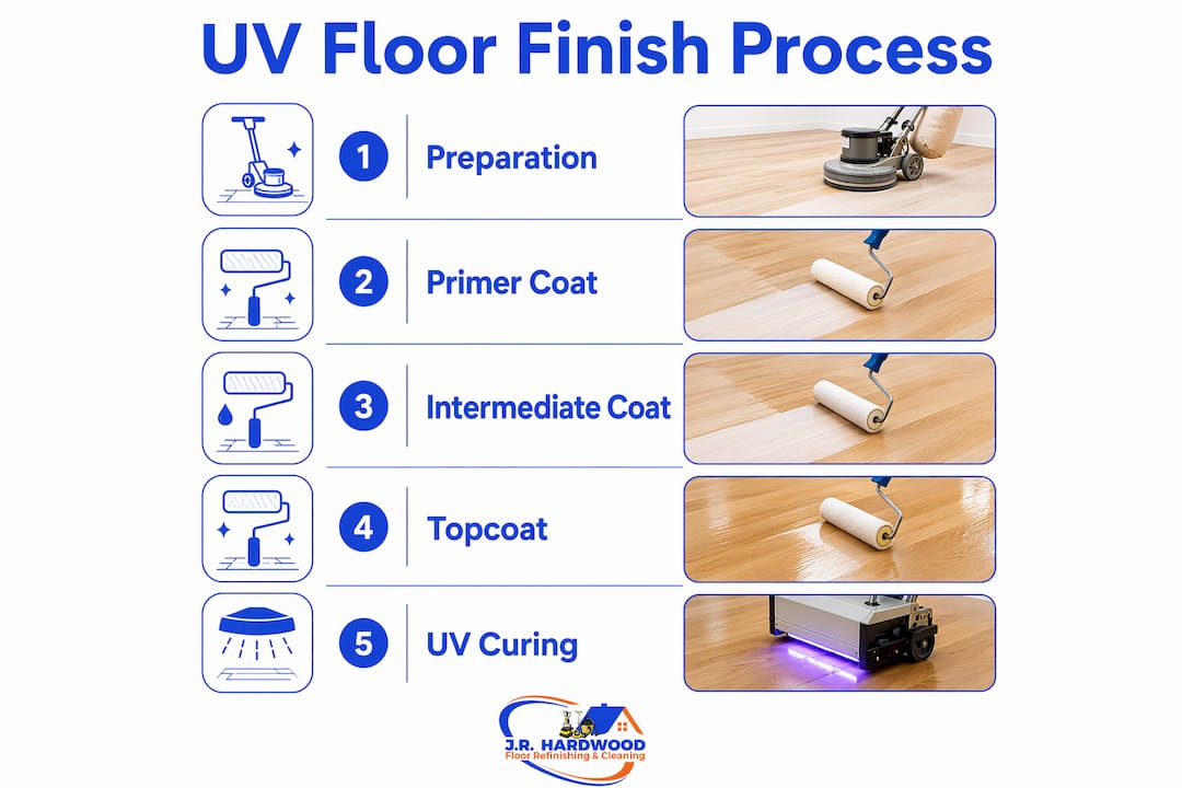 Infographic showing UV floor finish application steps