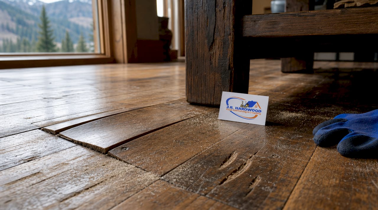 Close-up of hardwood floor damage types